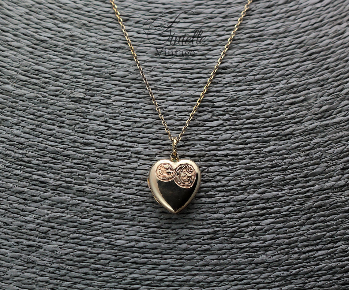 Antique Vintage Art Deco 9CT Rolled Gold 1920-1930s Heart Love Charm Locket Pendant Necklace, Yellow Gold Plated 18" Chain, Unique Gift
