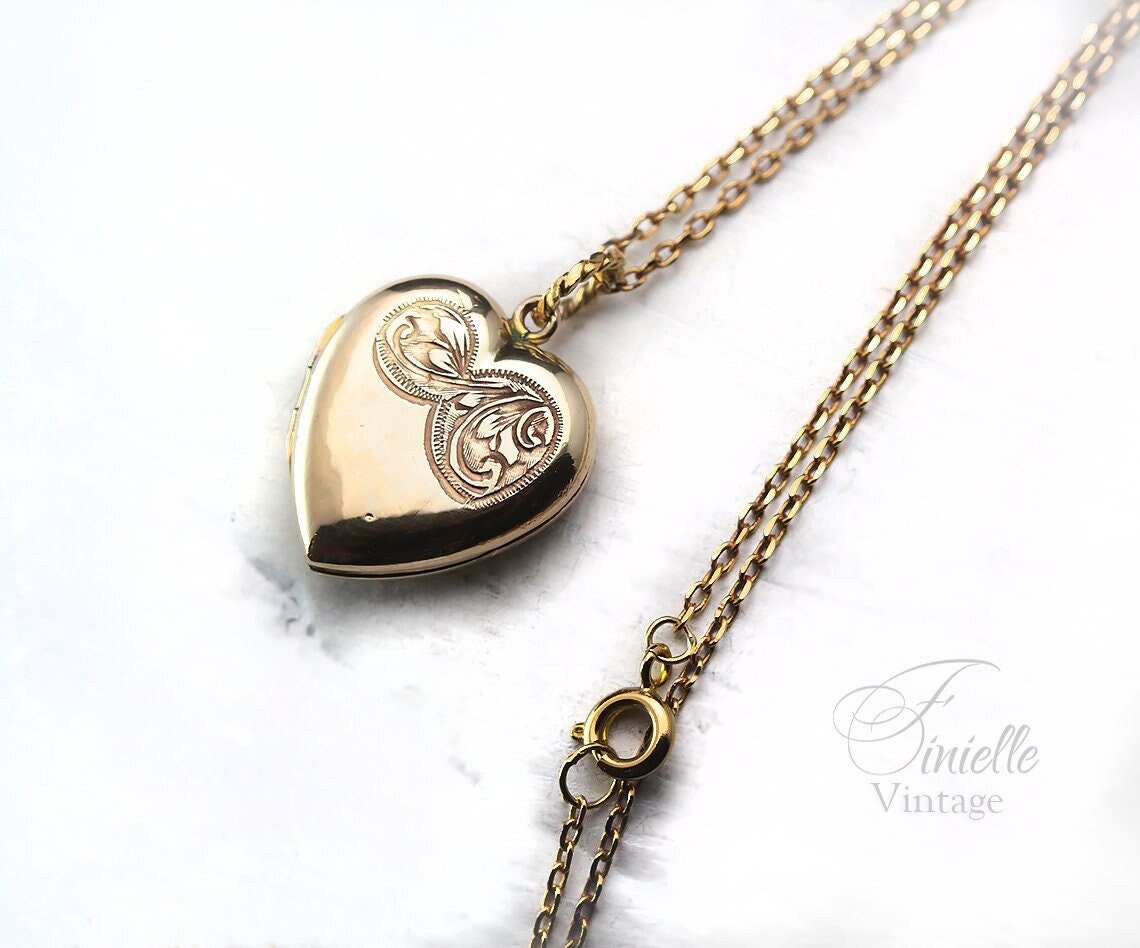 Antique Vintage Art Deco 9CT Rolled Gold 1920-1930s Heart Love Charm Locket Pendant Necklace, Yellow Gold Plated 18" Chain, Unique Gift