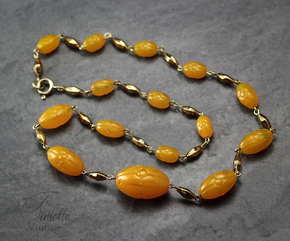 Antique Art Deco 1920s Czech Craftsmanship Bohemian Gold Yellow, Butterscotch Art Glass Beaded Necklace, Gold Tone, Unique Jewelry Jewellery