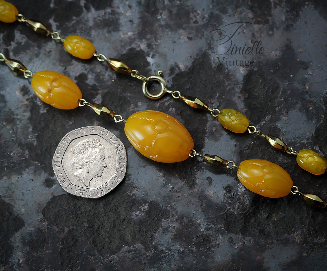 Antique Art Deco 1920s Czech Craftsmanship Bohemian Gold Yellow, Butterscotch Art Glass Beaded Necklace, Gold Tone, Unique Jewelry Jewellery