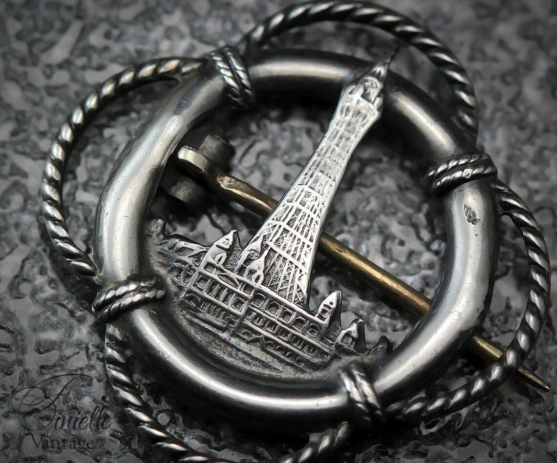 Antique Vintage 1920s Sterling Silver Blackpool Tower Lancashire England UK Collectable Souvenir Brooch Pin, .935 Silver, Rare Item
