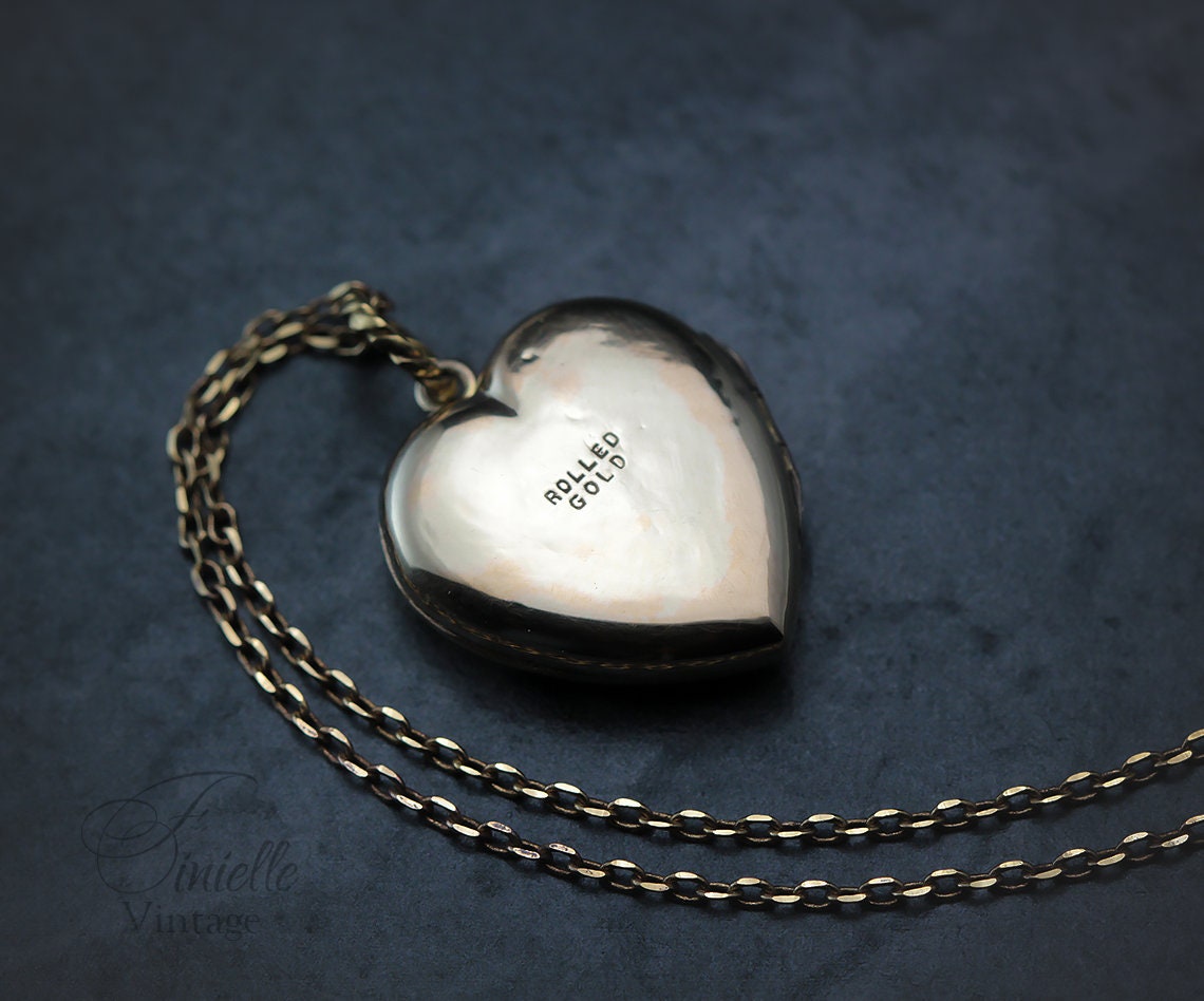 Antique Vintage Art Deco 9CT Rolled Gold 1920-1930s Heart Love Charm Locket Pendant Necklace, Yellow Gold Plated 18" Chain, Unique Gift