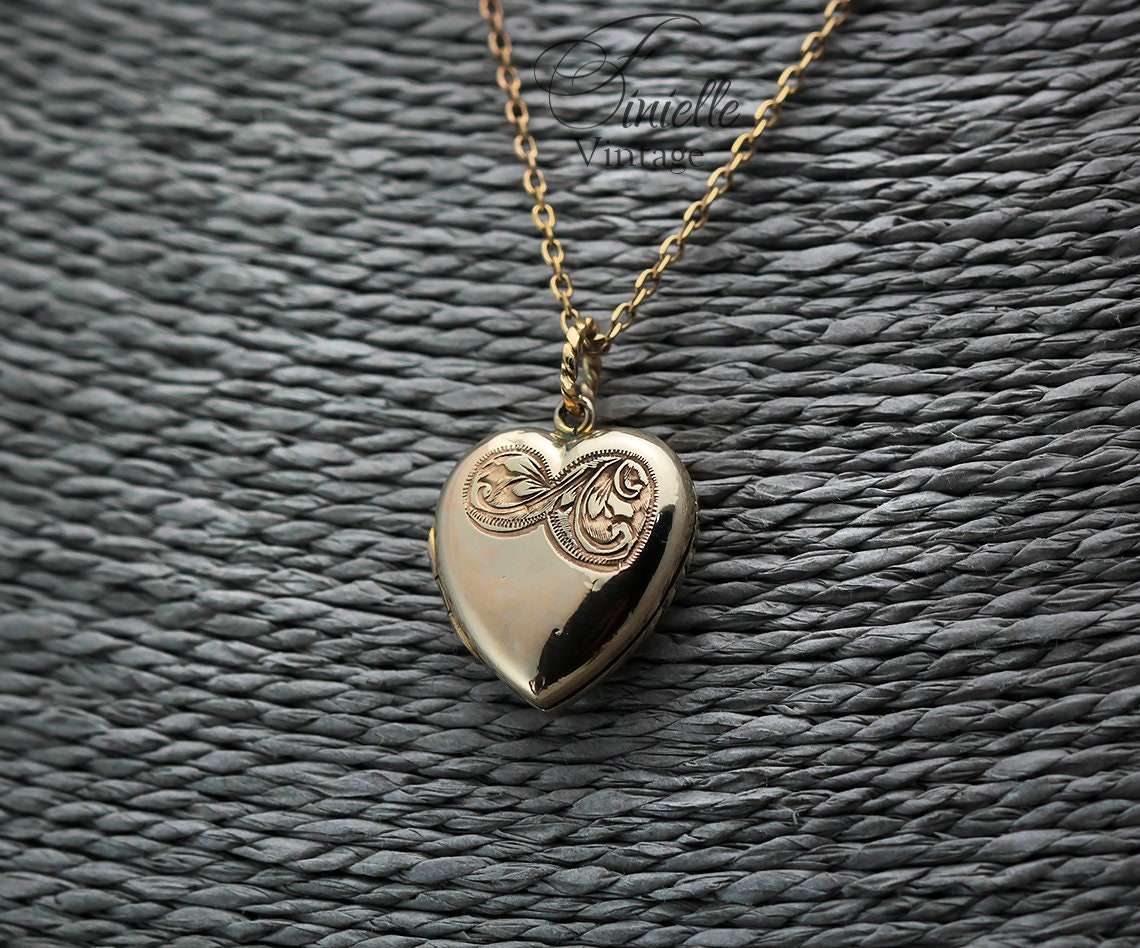 Antique Vintage Art Deco 9CT Rolled Gold 1920-1930s Heart Love Charm Locket Pendant Necklace, Yellow Gold Plated 18" Chain, Unique Gift