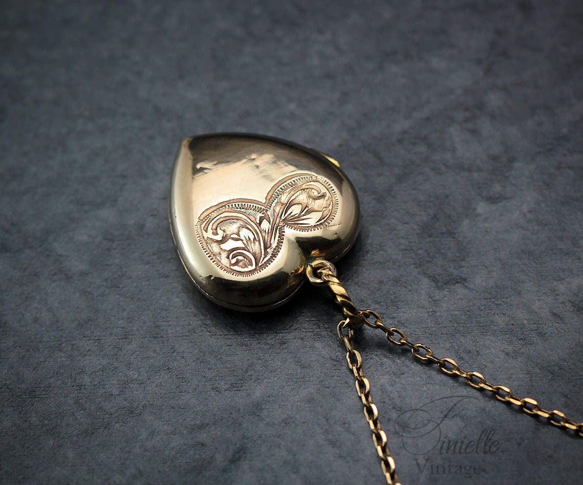 Antique Vintage Art Deco 9CT Rolled Gold 1920-1930s Heart Love Charm Locket Pendant Necklace, Yellow Gold Plated 18" Chain, Unique Gift
