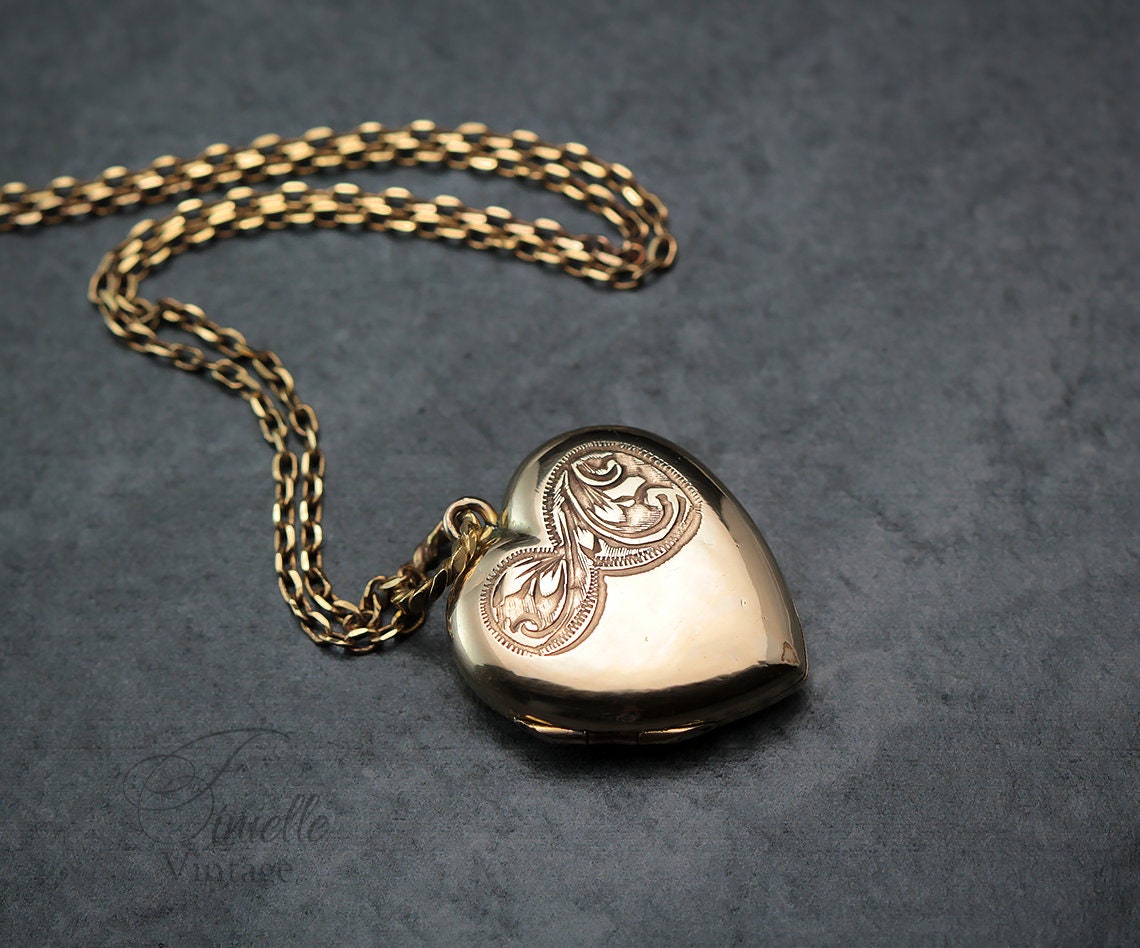 Antique Vintage Art Deco 9CT Rolled Gold 1920-1930s Heart Love Charm Locket Pendant Necklace, Yellow Gold Plated 18" Chain, Unique Gift