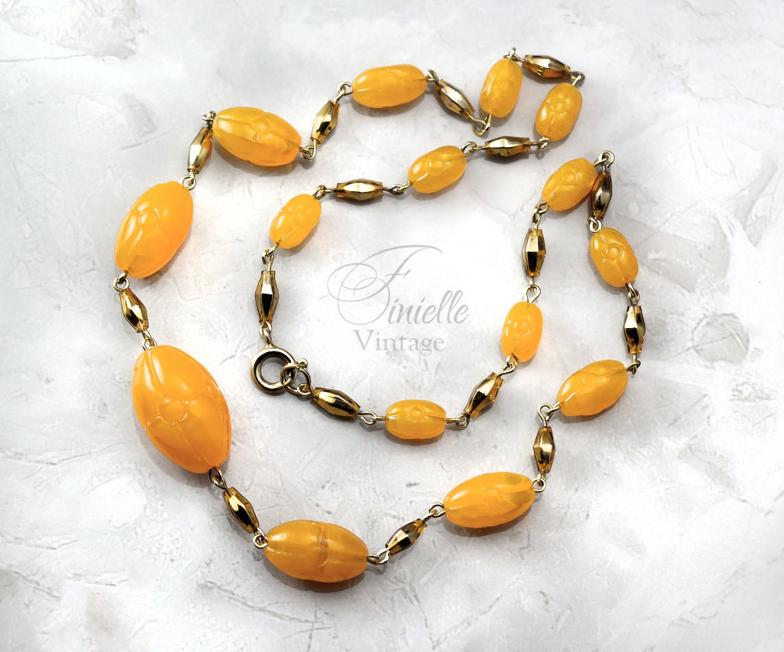 Antique Art Deco 1920s Czech Craftsmanship Bohemian Gold Yellow, Butterscotch Art Glass Beaded Necklace, Gold Tone, Unique Jewelry Jewellery