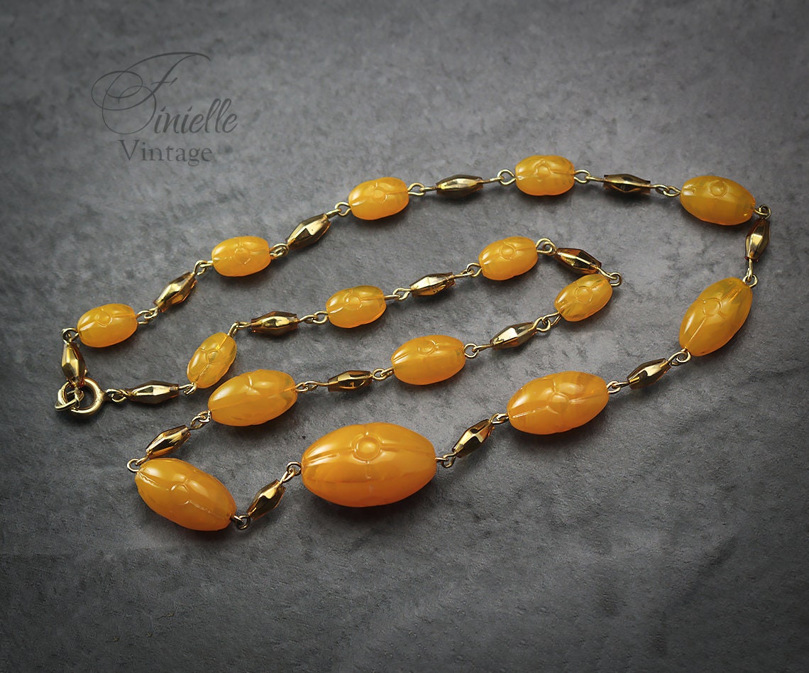 Antique Art Deco 1920s Czech Craftsmanship Bohemian Gold Yellow, Butterscotch Art Glass Beaded Necklace, Gold Tone, Unique Jewelry Jewellery