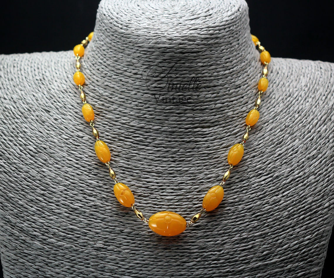 Antique Art Deco 1920s Czech Craftsmanship Bohemian Gold Yellow, Butterscotch Art Glass Beaded Necklace, Gold Tone, Unique Jewelry Jewellery