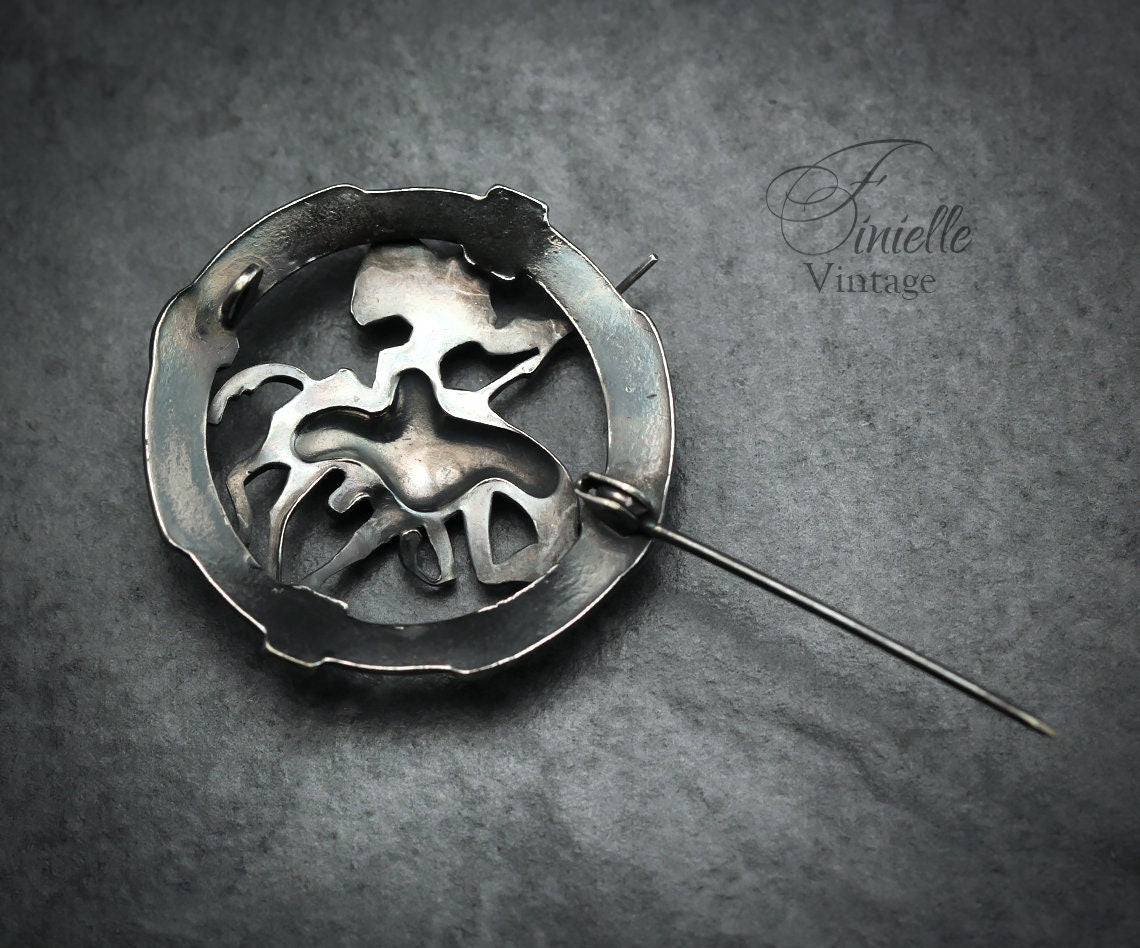 Silver Plated, Antique Vintage 1920-1940 Art Deco round Brooch Pin, Toledo Don Quixote On Horseback, Unique Gift Jewelry Jewellery