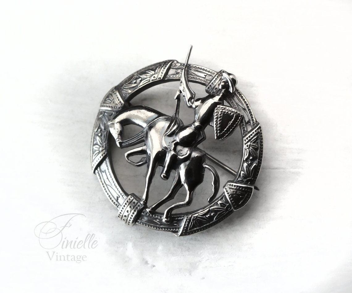 Silver Plated, Antique Vintage 1920-1940 Art Deco round Brooch Pin, Toledo Don Quixote On Horseback, Unique Gift Jewelry Jewellery