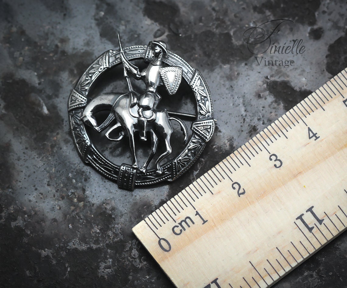 Silver Plated, Antique Vintage 1920-1940 Art Deco round Brooch Pin, Toledo Don Quixote On Horseback, Unique Gift Jewelry Jewellery