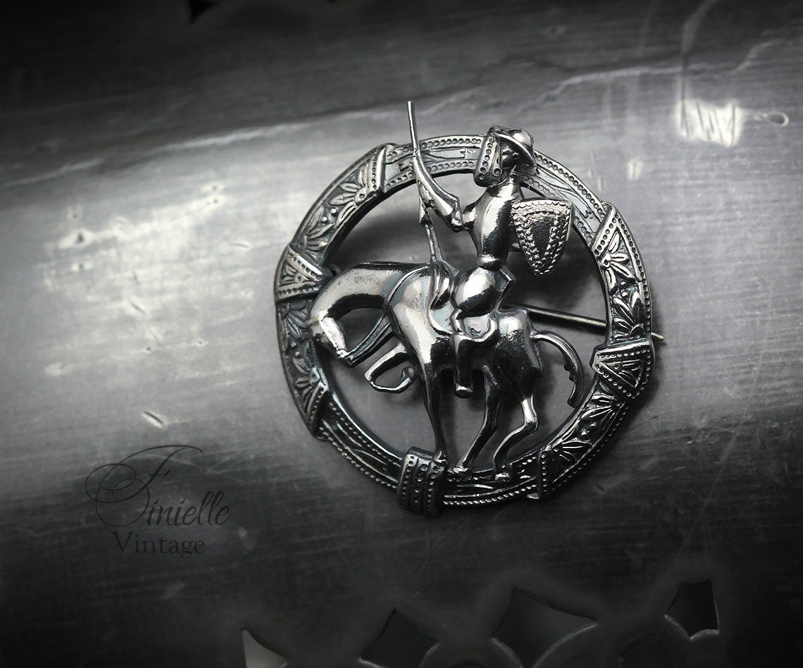Silver Plated, Antique Vintage 1920-1940 Art Deco round Brooch Pin, Toledo Don Quixote On Horseback, Unique Gift Jewelry Jewellery