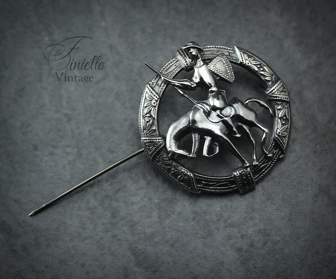Silver Plated, Antique Vintage 1920-1940 Art Deco round Brooch Pin, Toledo Don Quixote On Horseback, Unique Gift Jewelry Jewellery