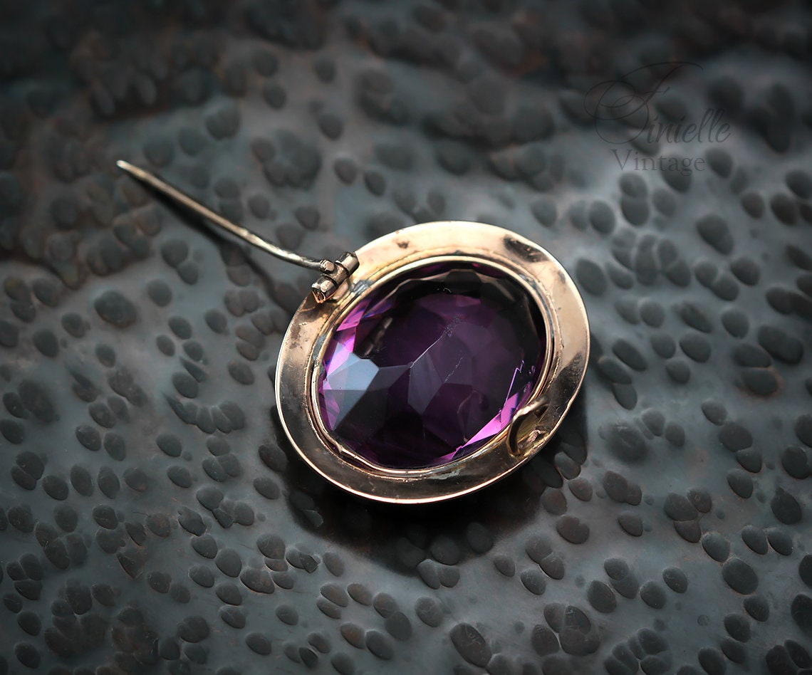 Antique Victorian Era c1850-1880 Rose Gold Filled Oval Brooch Pin, Faceted Glass Paste Faux Purple Amethyst, Unique Gift Jewellery Jewelry