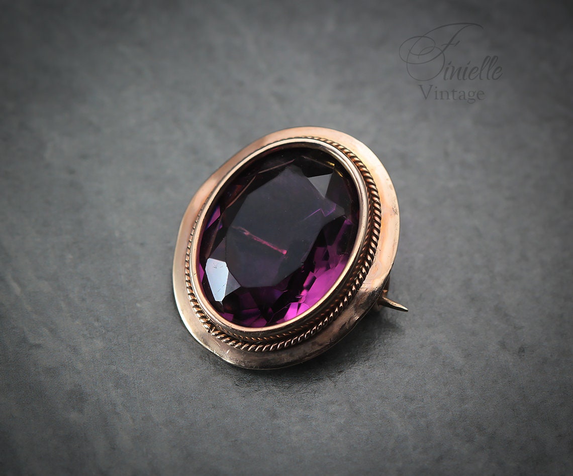 Antique Victorian Era c1850-1880 Rose Gold Filled Oval Brooch Pin, Faceted Glass Paste Faux Purple Amethyst, Unique Gift Jewellery Jewelry