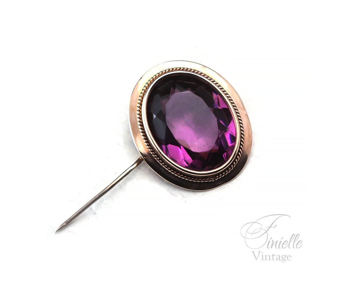 Antique Victorian Era c1850-1880 Rose Gold Filled Oval Brooch Pin, Faceted Glass Paste Faux Purple Amethyst, Unique Gift Jewellery Jewelry