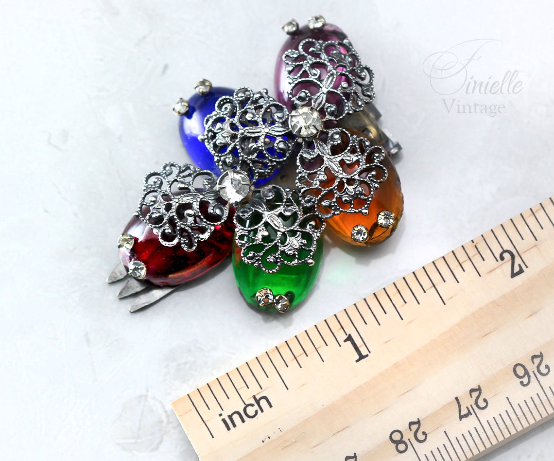 Vintage c1930-1940s Art Deco Czech Filigree Wire Wrapped Hair Clip, Silver Plated Brass, Bohemian Glass Cabochons, Unique Jewelry