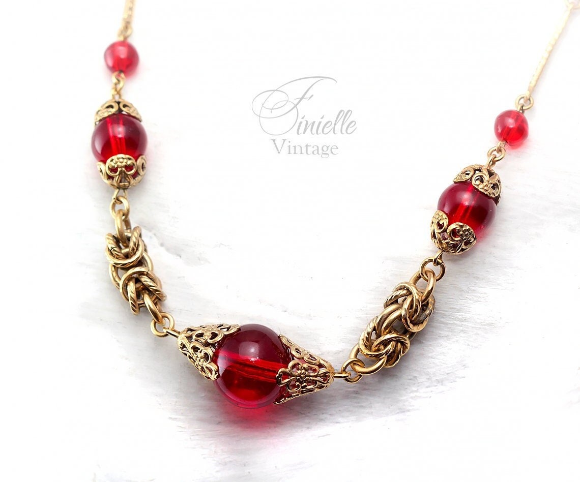 Vintage Art Deco 1920s, Antique Czech Craftsmanship Bohemian Red Glass Beaded Necklace, Gold Plated Brass, Unique Jewelry Jewellery