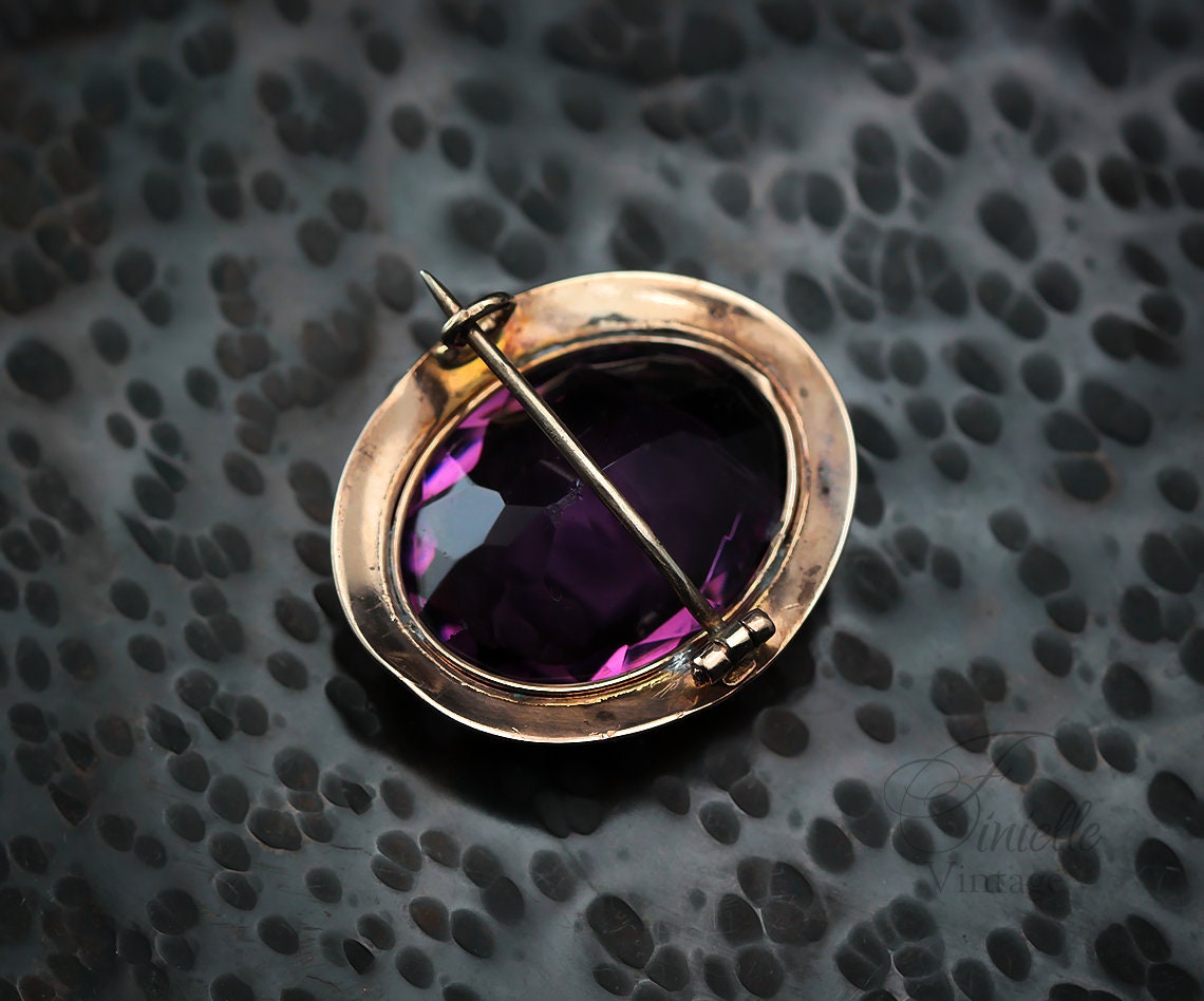 Antique Victorian Era c1850-1880 Rose Gold Filled Oval Brooch Pin, Faceted Glass Paste Faux Purple Amethyst, Unique Gift Jewellery Jewelry