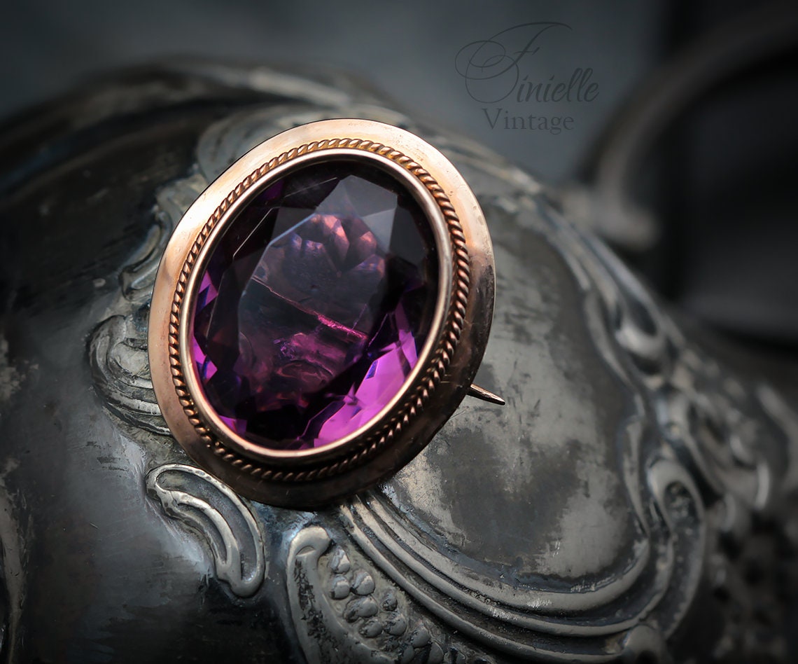 Antique Victorian Era c1850-1880 Rose Gold Filled Oval Brooch Pin, Faceted Glass Paste Faux Purple Amethyst, Unique Gift Jewellery Jewelry