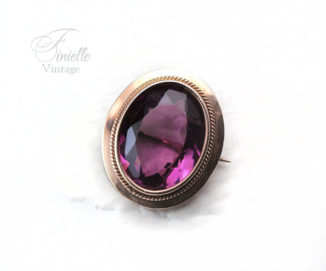Antique Victorian Era c1850-1880 Rose Gold Filled Oval Brooch Pin, Faceted Glass Paste Faux Purple Amethyst, Unique Gift Jewellery Jewelry