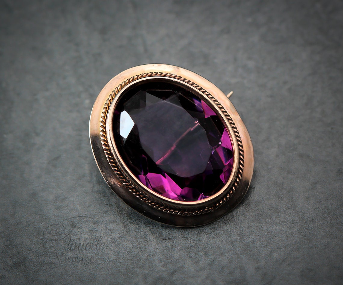 Antique Victorian Era c1850-1880 Rose Gold Filled Oval Brooch Pin, Faceted Glass Paste Faux Purple Amethyst, Unique Gift Jewellery Jewelry