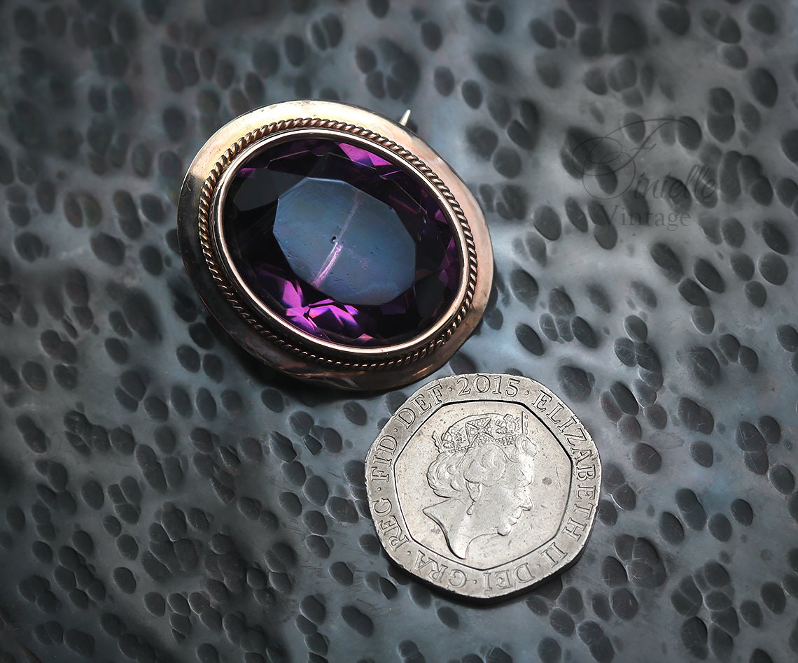 Antique Victorian Era c1850-1880 Rose Gold Filled Oval Brooch Pin, Faceted Glass Paste Faux Purple Amethyst, Unique Gift Jewellery Jewelry
