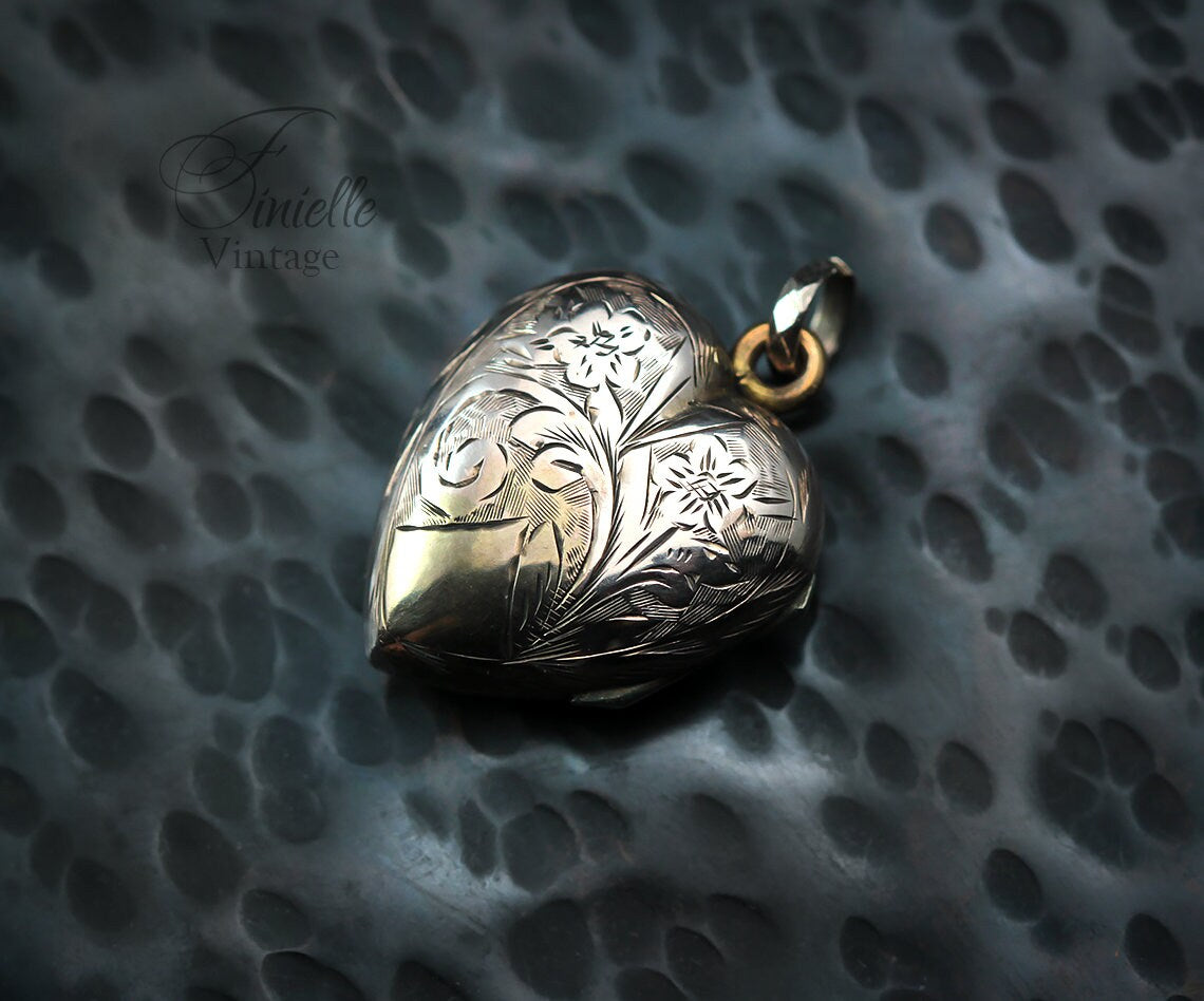 Antique Edwardian Era Photo Fob Heart Locket Pendant, 9Ct Gold, Sepia Photo, Floral Engraved, Antique Patina, Unique Jewelry Jewellery