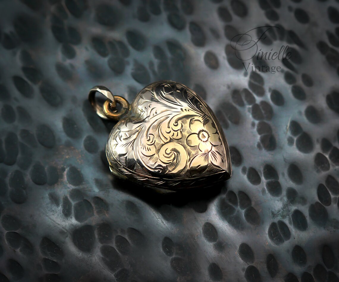 Antique Edwardian Era Photo Fob Heart Locket Pendant, 9Ct Gold, Sepia Photo, Floral Engraved, Antique Patina, Unique Jewelry Jewellery