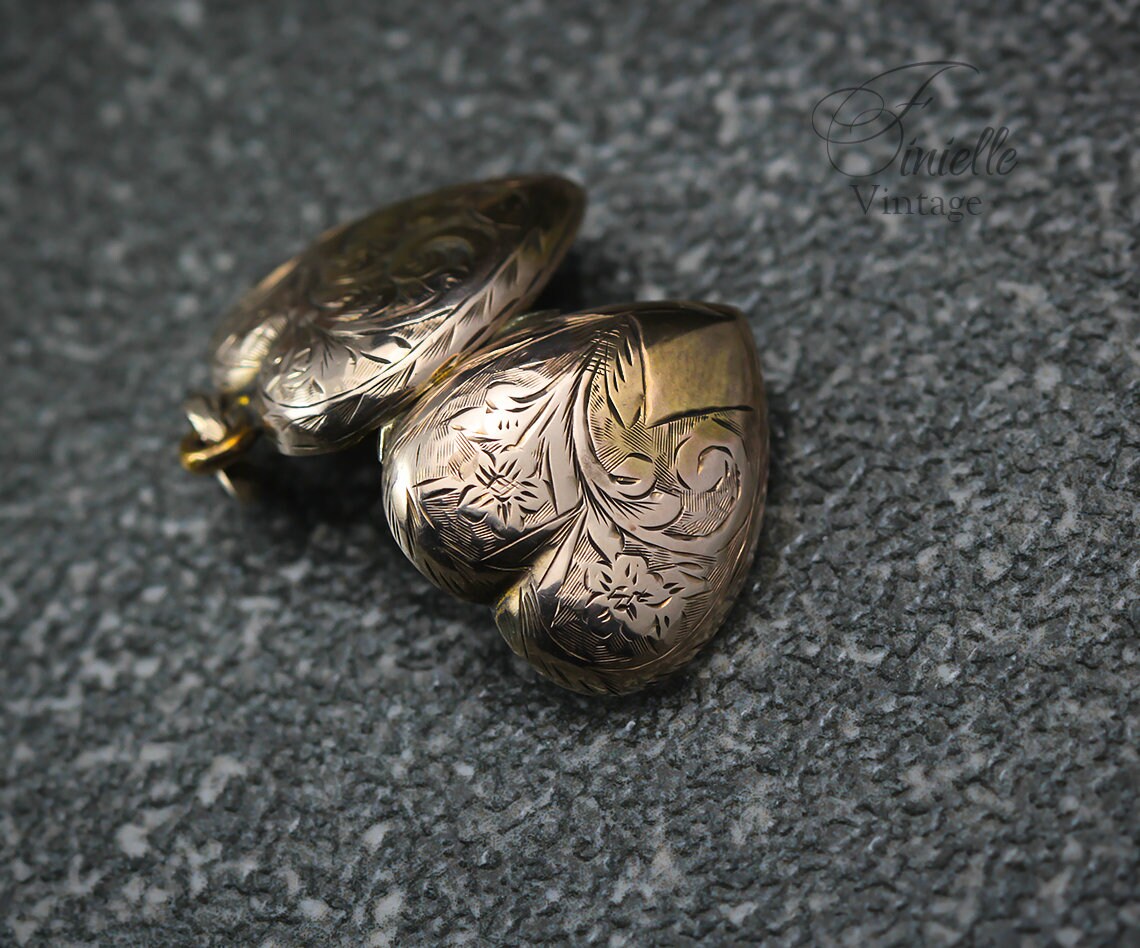Antique Edwardian Era Photo Fob Heart Locket Pendant, 9Ct Gold, Sepia Photo, Floral Engraved, Antique Patina, Unique Jewelry Jewellery