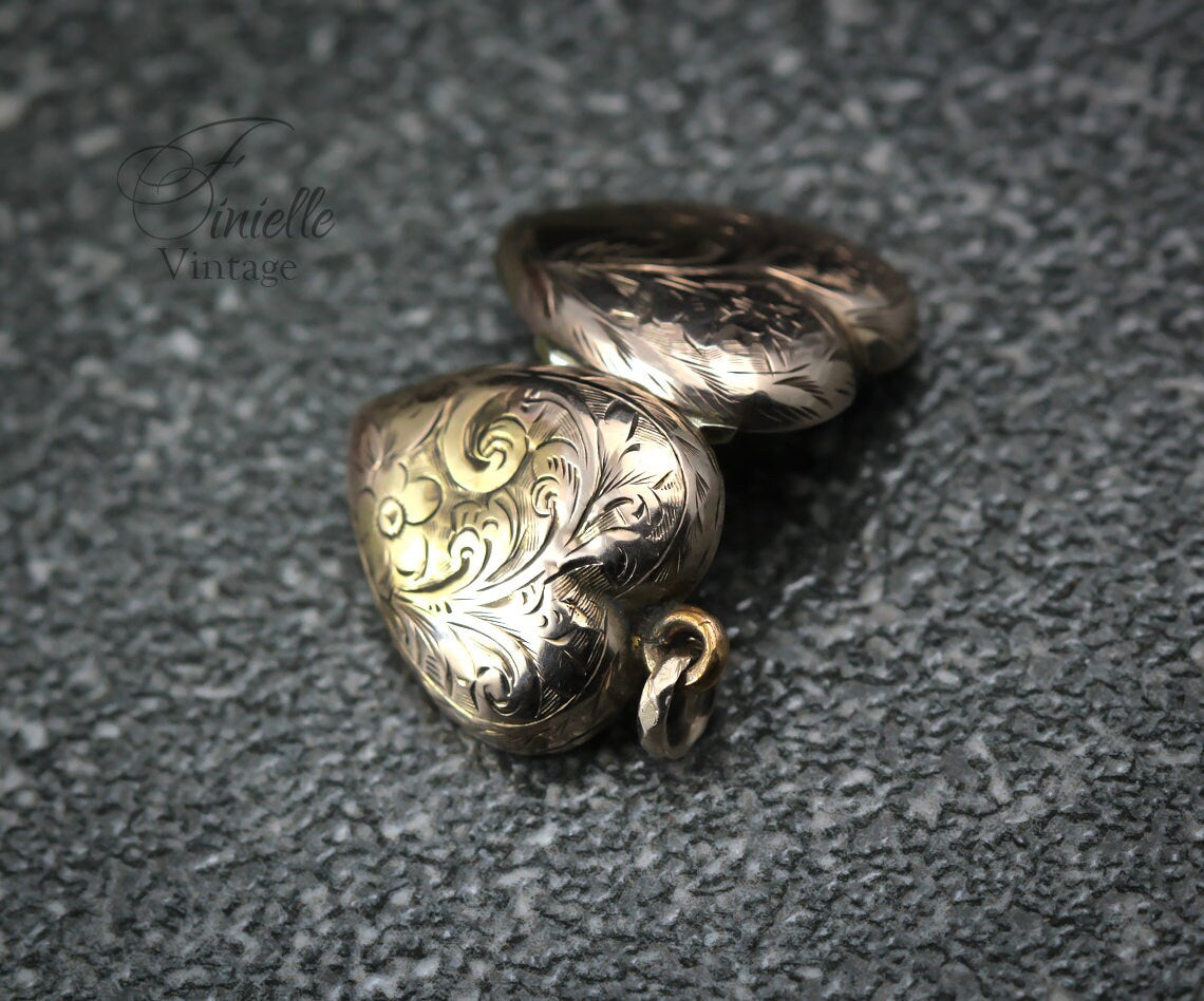 Antique Edwardian Era Photo Fob Heart Locket Pendant, 9Ct Gold, Sepia Photo, Floral Engraved, Antique Patina, Unique Jewelry Jewellery