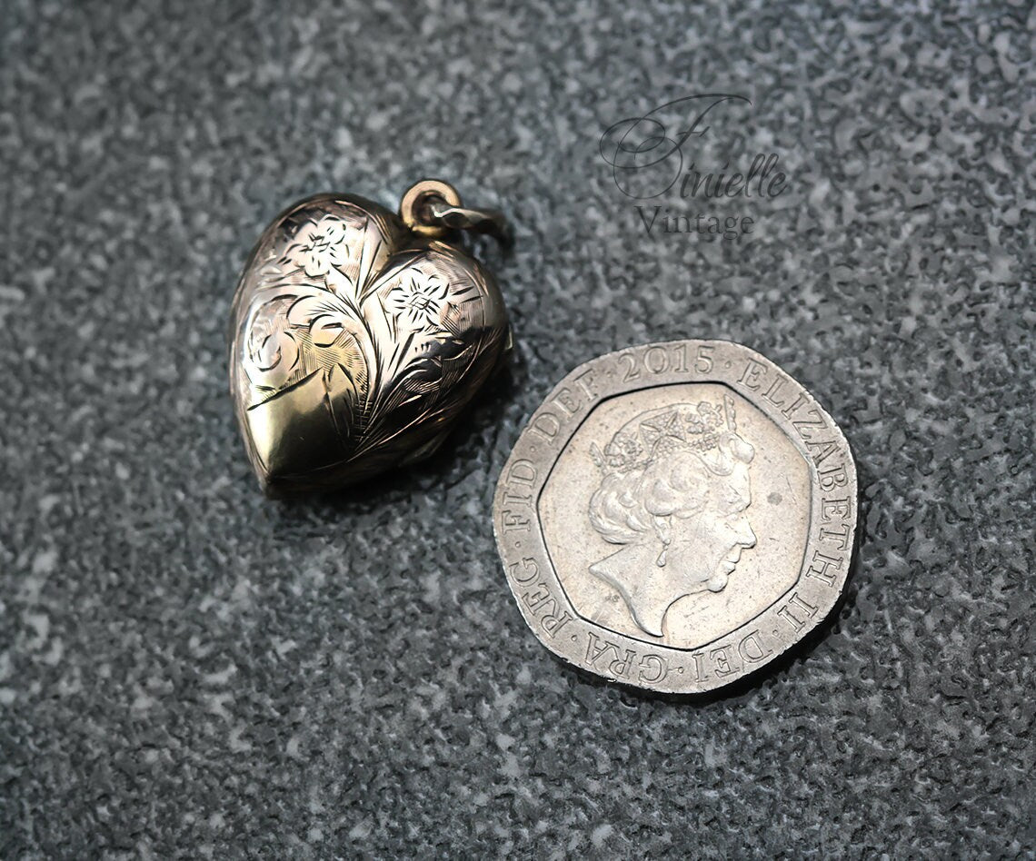 Antique Edwardian Era Photo Fob Heart Locket Pendant, 9Ct Gold, Sepia Photo, Floral Engraved, Antique Patina, Unique Jewelry Jewellery