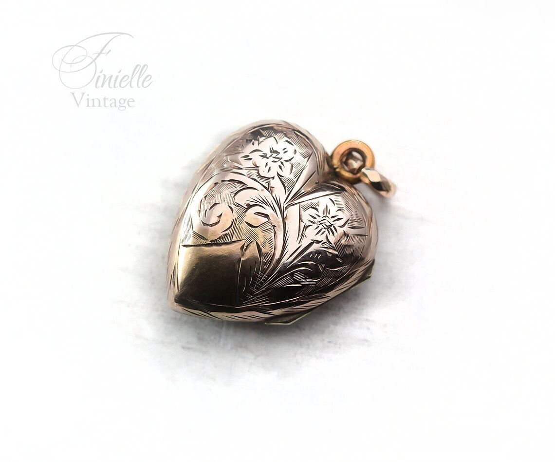 Antique Edwardian Era Photo Fob Heart Locket Pendant, 9Ct Gold, Sepia Photo, Floral Engraved, Antique Patina, Unique Jewelry Jewellery