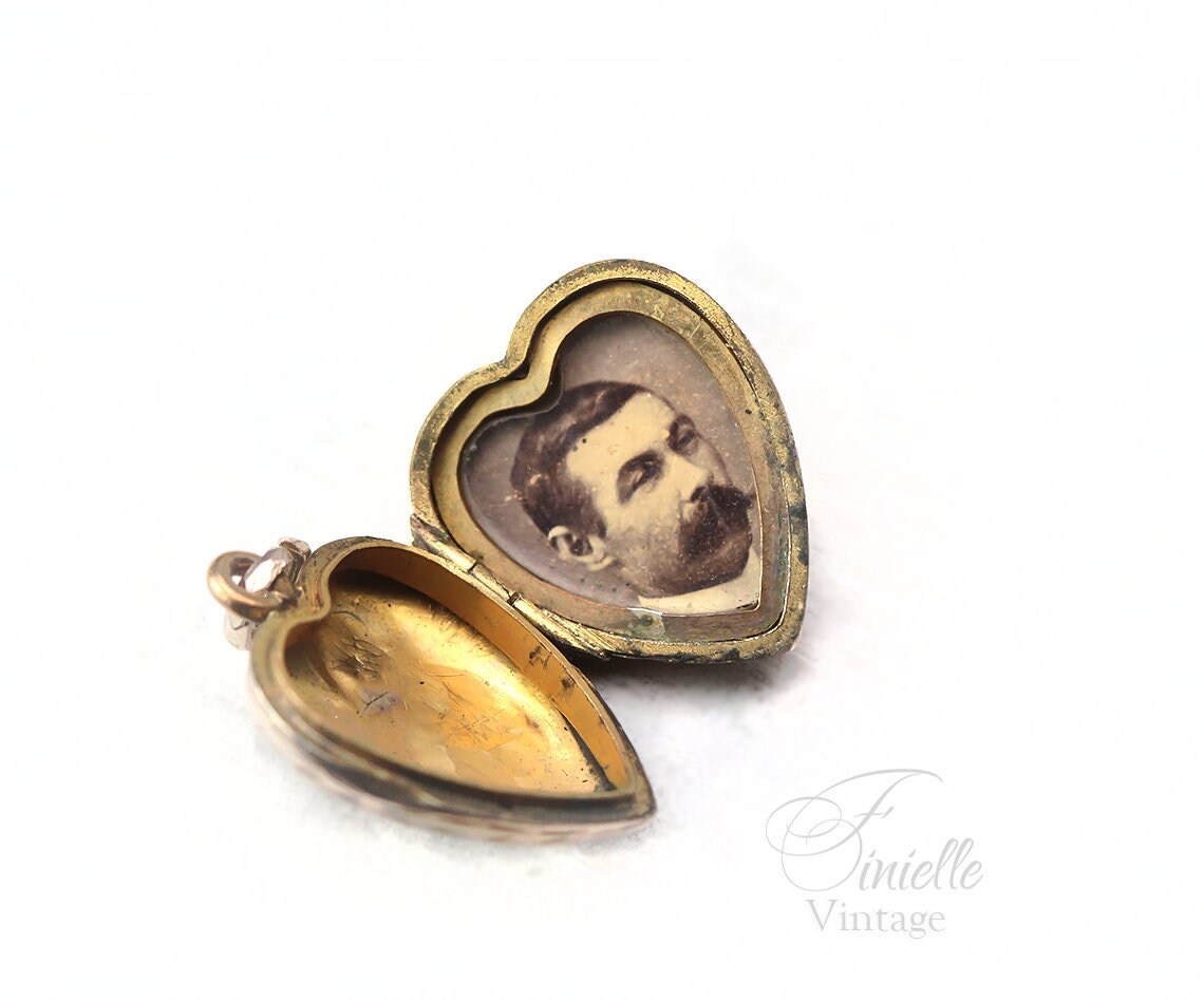 Antique Edwardian Era Photo Fob Heart Locket Pendant, 9Ct Gold, Sepia Photo, Floral Engraved, Antique Patina, Unique Jewelry Jewellery