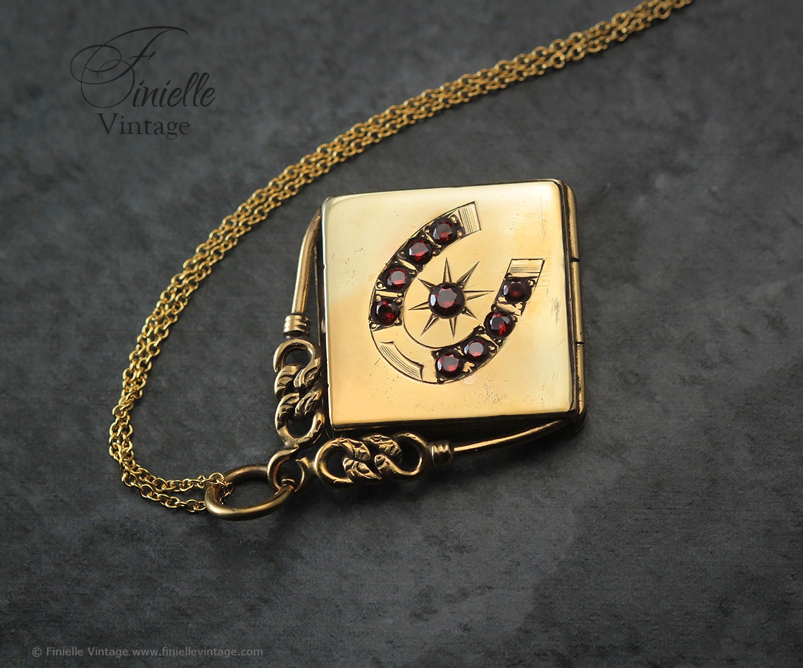 Antique Edwardian 1900s, Good Luck Horseshoe Locket, 18Ct Gold Filled Pendant, 16" 14Ct Gold Filled Chain, Signed SKM&CO, Unique Jewelry