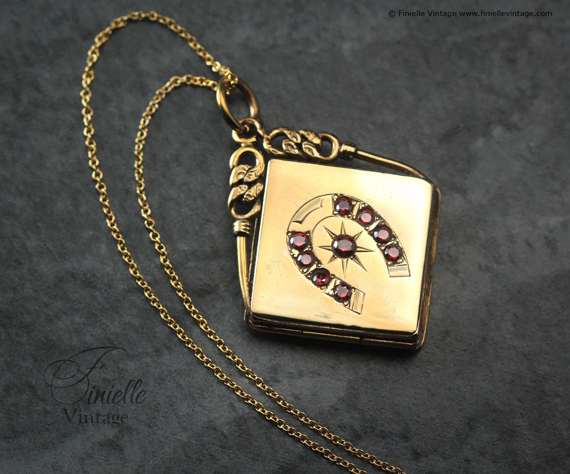 Antique Edwardian 1900s, Good Luck Horseshoe Locket, 18Ct Gold Filled Pendant, 16" 14Ct Gold Filled Chain, Signed SKM&CO, Unique Jewelry