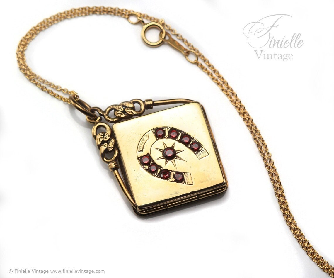 Antique Edwardian 1900s, Good Luck Horseshoe Locket, 18Ct Gold Filled Pendant, 16" 14Ct Gold Filled Chain, Signed SKM&CO, Unique Jewelry