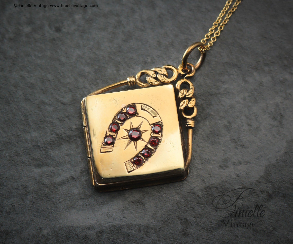 Antique Edwardian 1900s, Good Luck Horseshoe Locket, 18Ct Gold Filled Pendant, 16" 14Ct Gold Filled Chain, Signed SKM&CO, Unique Jewelry