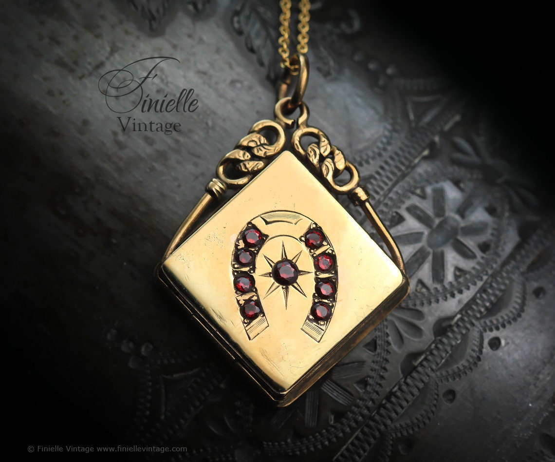Antique Edwardian 1900s, Good Luck Horseshoe Locket, 18Ct Gold Filled Pendant, 16" 14Ct Gold Filled Chain, Signed SKM&CO, Unique Jewelry