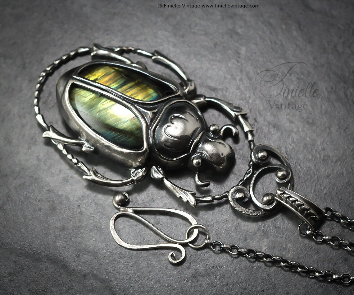Art Deco Vintage style Egyptian Scarab Pendant Necklace, Antique Silver Plated, Royal Gold Labradorite, Sterling Silver Chain, Unique Gift