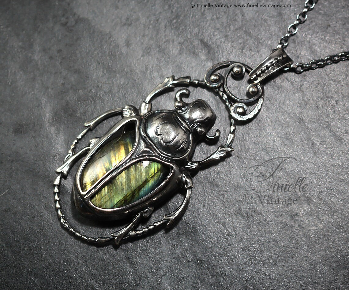 Art Deco Vintage style Egyptian Scarab Pendant Necklace, Antique Silver Plated, Royal Gold Labradorite, Sterling Silver Chain, Unique Gift