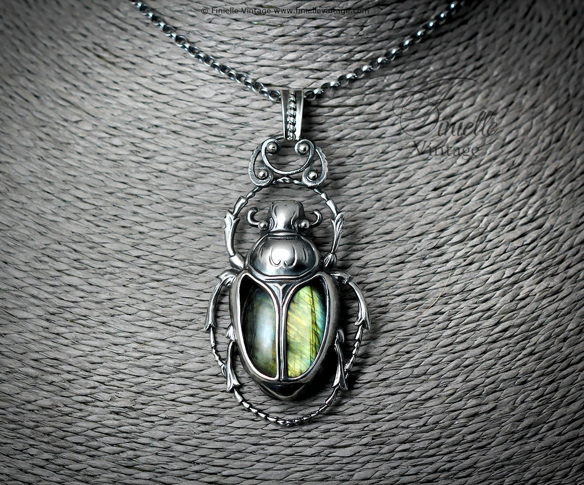 Art Deco Vintage style Egyptian Scarab Pendant Necklace, Antique Silver Plated, Royal Gold Labradorite, Sterling Silver Chain, Unique Gift