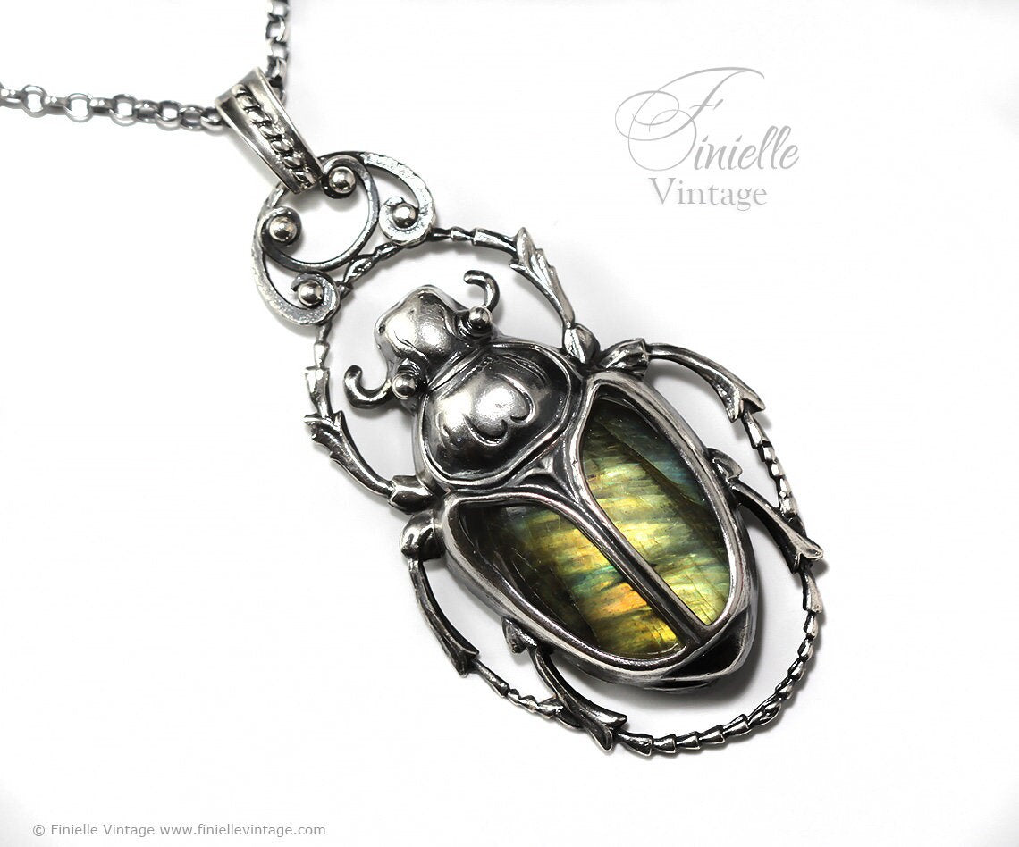Art Deco Vintage style Egyptian Scarab Pendant Necklace, Antique Silver Plated, Royal Gold Labradorite, Sterling Silver Chain, Unique Gift