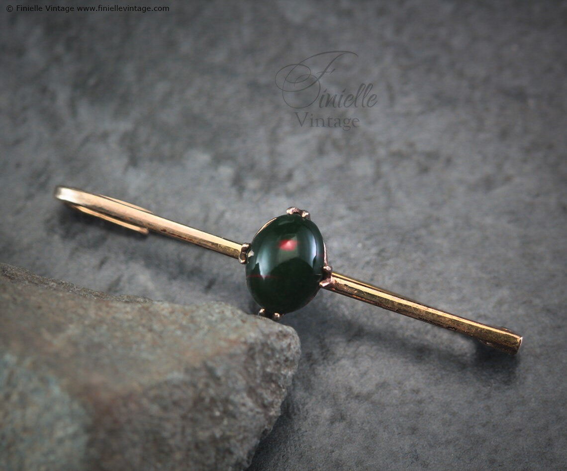 Antique Edwardian c1910, 18Ct Gold Filled Bloodstone Bar Brooch, Unique Gift Antique Jewelry Jewellery