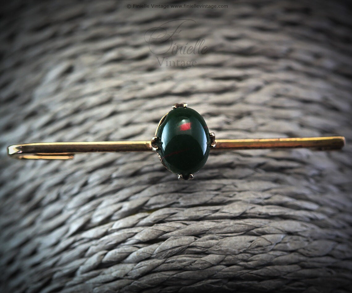 Antique Edwardian c1910, 18Ct Gold Filled Bloodstone Bar Brooch, Unique Gift Antique Jewelry Jewellery