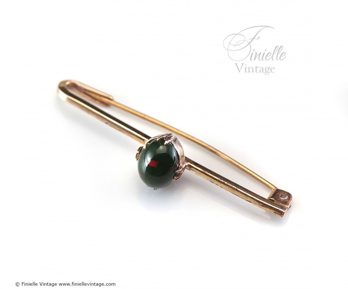 Antique Edwardian c1910, 18Ct Gold Filled Bloodstone Bar Brooch, Unique Gift Antique Jewelry Jewellery