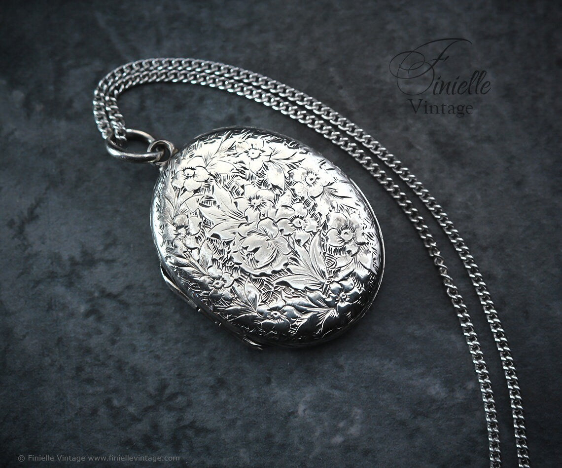Sterling Silver Vintage 1930s Oval 2 Photo Locket Pendant Necklace, Engraved Ornate Floral, Sterling Silver Plain Curb Chain