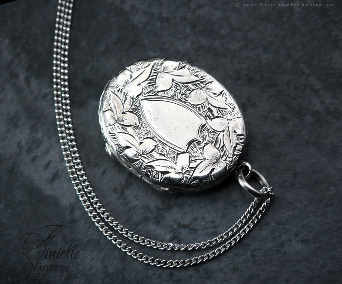 Sterling Silver Vintage 1930s Oval 2 Photo Locket Pendant Necklace, Engraved Ornate Floral, Sterling Silver Plain Curb Chain