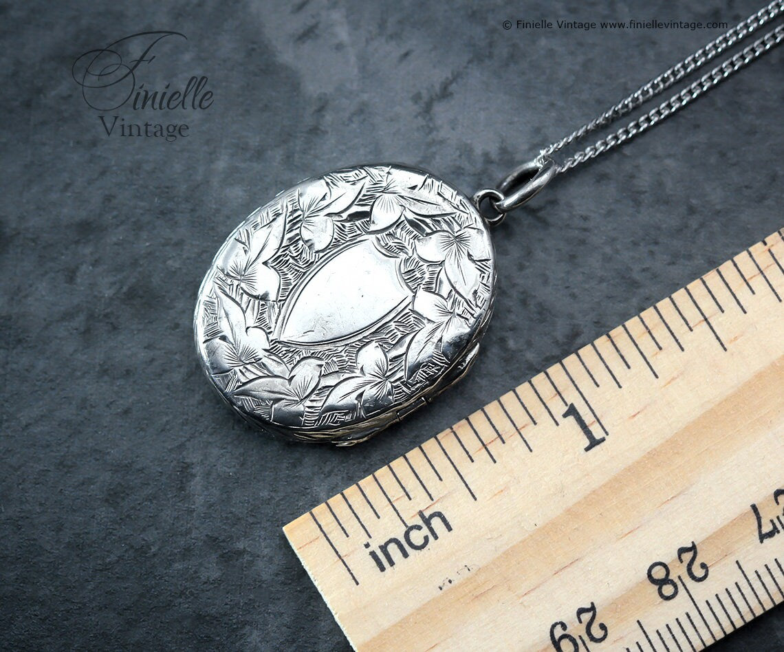 Sterling Silver Vintage 1930s Oval 2 Photo Locket Pendant Necklace, Engraved Ornate Floral, Sterling Silver Plain Curb Chain