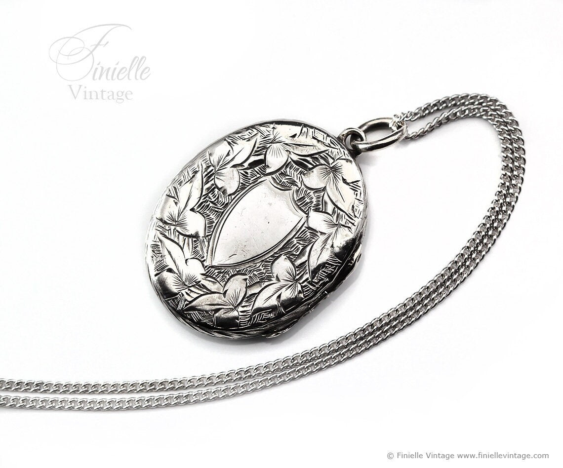 Sterling Silver Vintage 1930s Oval 2 Photo Locket Pendant Necklace, Engraved Ornate Floral, Sterling Silver Plain Curb Chain
